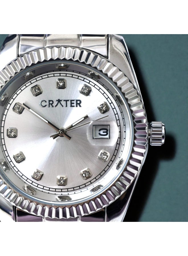 كريتر  ساعة كريتر (CRATER) للرجال – تصميم ملكي فاخر من الستانلس ستيل، مينا كلاسيكي مع عرض التاريخ، مقاومة للماء – تشمل علبة الماركة (فضي /فضي ). - Image 2